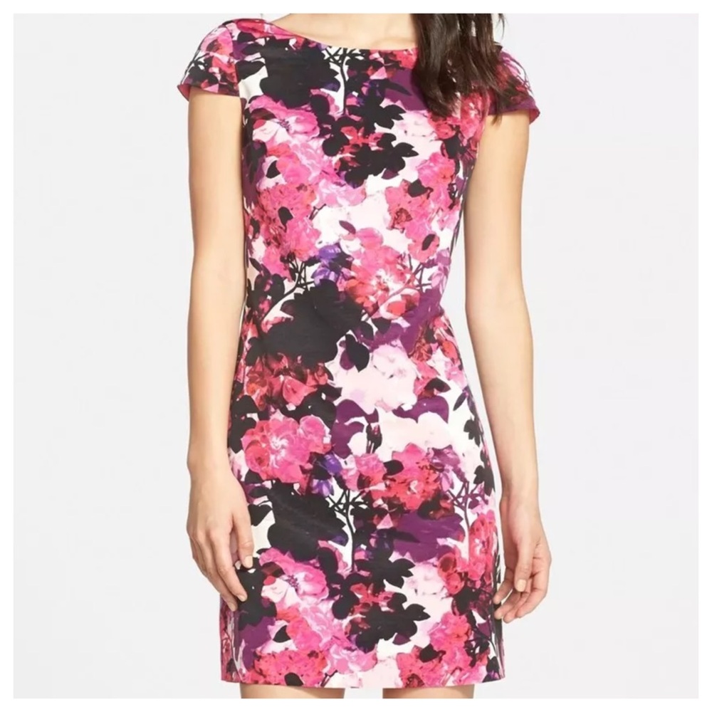 Eliza J Floral Faille Print Cap Short Sleeve Sheath Dress 14 L Black Pink Purple